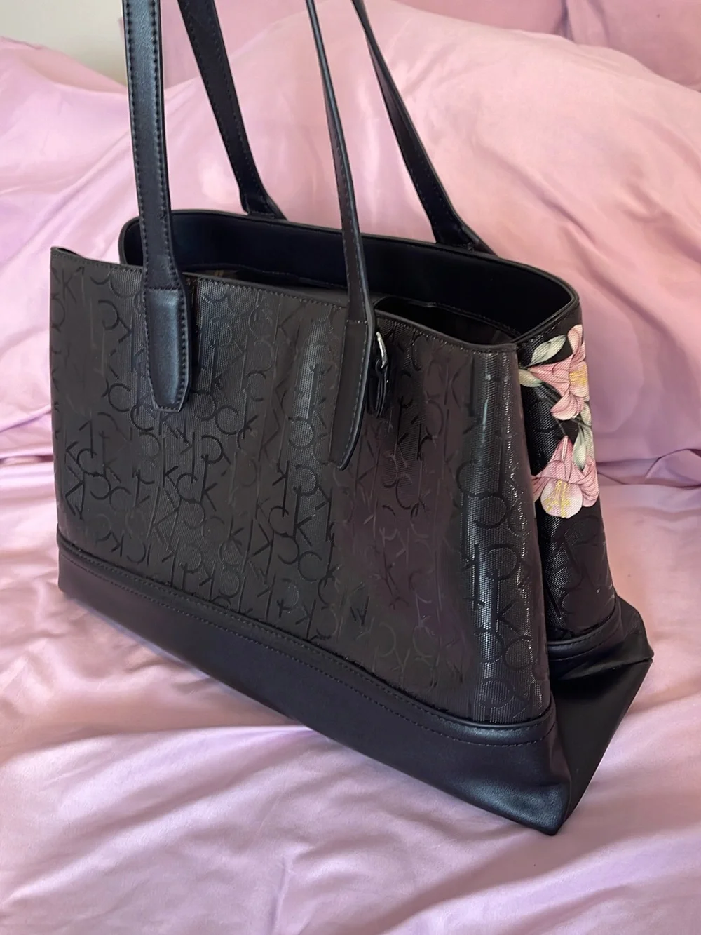 Calvin Klein Black Tote with Pink Floral Accents